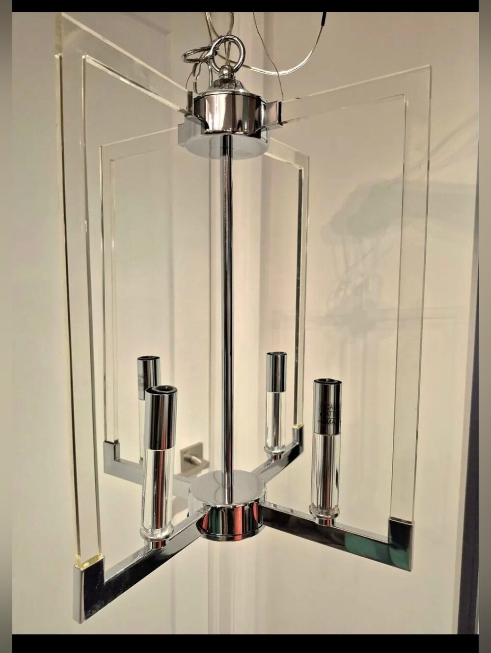 Clear Acrylic Mirror Finish and Chrome Four-Light Chandelier - Brand NEW